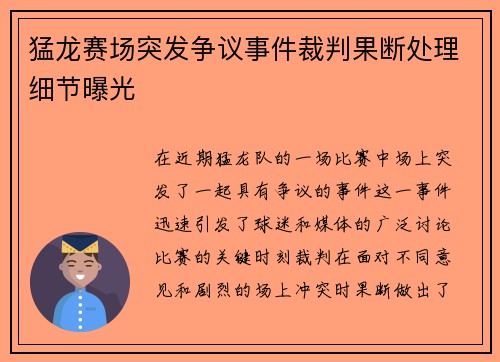 猛龙赛场突发争议事件裁判果断处理细节曝光