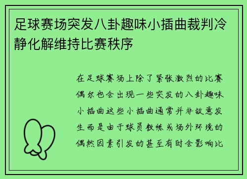 足球赛场突发八卦趣味小插曲裁判冷静化解维持比赛秩序 足球赛场突发八卦趣味小插曲裁判冷静化解维持比赛秩序
